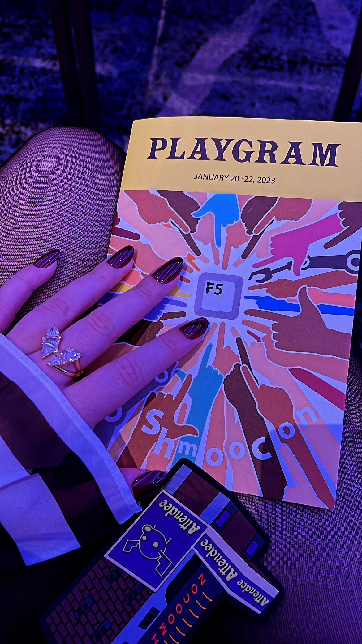 Playbill/Playgram booklet of talks, challenges, and schedule. Featuring one of three attendee badges which each represent a different Broadway theater. My badge resembled the New Amsterdam theater. I was hoping to get the Richard Rodgers theater because of Hamilton though.